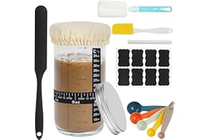 BUCOMTU Bocal de Démarrage pour Levain, Kit Boulanger Levain, Accessoire de Cuisson Réutilisable, avec Couvercle en Aluminium, Bande de Température, Toile de Fermentation, Bande d'alimentation Datée (1000ML)