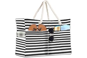 BGIUSQF Borsa Mare Grande, 17,3 x 5,9 x 14,9 In Borsa Mare Donna, Grande Capacità Borse Tote con Cerniera, Borsa Spiaggia per Shopping Spiaggia Viaggio Sportiva, Strisce Nere