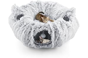 Maxetodo Katzentunnel mit Bett 3-in-1 Katzenhöhle Rund Mit 4 Eingängen Katzenhöhle Rascheltunnel Für Katzen Indoor Faltbare Maschinenwaschbar Katzen Donut Für Haustiere Bis 10kg Grau