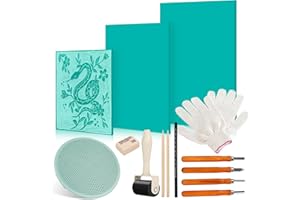 AINIUNIU Kit de Gomme Linogravure Plaque A4 A5 A6 14Pcs Complet Blocs de Sculpture, Kit de Linoléum pour Débutants avec Outils de Sculpture, pour la Gravure et DIY Impression en Reliefs, Sceau de Gravure