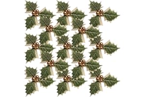 FEELAVA 30 Pieces Christmas Artificial Holly Berry with Green Leaves, Elegant Craft Gold Berries for Xmas Tree Party Festival Wedding Party Decorations Supply