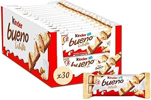 Kinder Bueno White - Fine Gaufrette Enrobée de Chocolat Blanc avec un Coeur Lait et Noisettes - Biscuit Fondant et Croustillant - Format à partager- 30 x 2 Barres (39g)