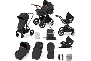 Ickle Bubba Stomp Luxe 12-Piece Travel System with i-Size Cirrus Car Seat & ISOFIX Base – All-Terrain Pram, Reversible Seat, UPF 50+ Hood, Rain Cover & Accessories (Black/Charcoal Grey/Tan)