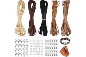 JINSION Lederschnur,5 Rollen Lederband 5M x 2.6mm Vintage Lederriemen Lederbänder für Ketten,Lederband flach 100pcs Schnurenden+20pcs Verschluss,Lederschnüre Wildlederschnur für DIY Halskette Schmuck Handwerk