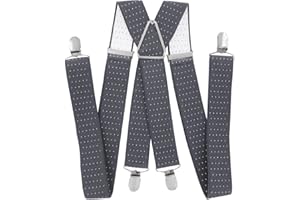 ‎AXY axy® Herren Hosenträger breit 3,5 cm mit 4 Starken Clips X-Form HT352 (Grau-weiße Punkte)