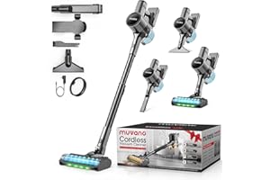 MUVANO Aspiradora sin Cable, Potente Succión de 45 kPa 500W, Hasta 60 Minutos de Autonomía, Resistente a Enredos, Aspiradora Escoba Recargable con Soporte de pared para Pelo de Mascotas y Suelos de Madera
