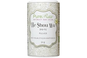 ‎PURERAW He Shou Wu Pulver Fo-Ti Wurzel (Bio Roh Vegan) Vielblütiger Knöterich Getrocknet Gemahlen - Rohkost Chinesische & Ayurvedische Kräuter - Raw Organic Heshouwu Foti Root Powder | PureRaw 1er Pack 50g