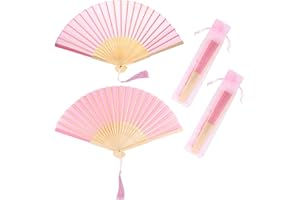 Vaktop Handheld Fan Folding, 2 Pcs Silk Hand Fans for Women Folding with Tassel and Fan Bag, Hand Fan Folding - for Gifts Dancing Cosplay Wedding Party Props Decoration (Pink)