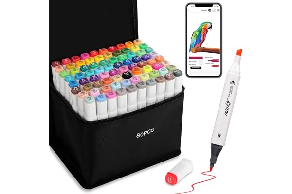 AEDAGA 80 Couleurs Feutre a Alcool avec App Gratuite, Marqueur Double Pointe (Biseautée + Fine), Feutre Alcool pour Artistes, Twinmarkers pour Peinture, Coloriage, Esquisse, Dessin