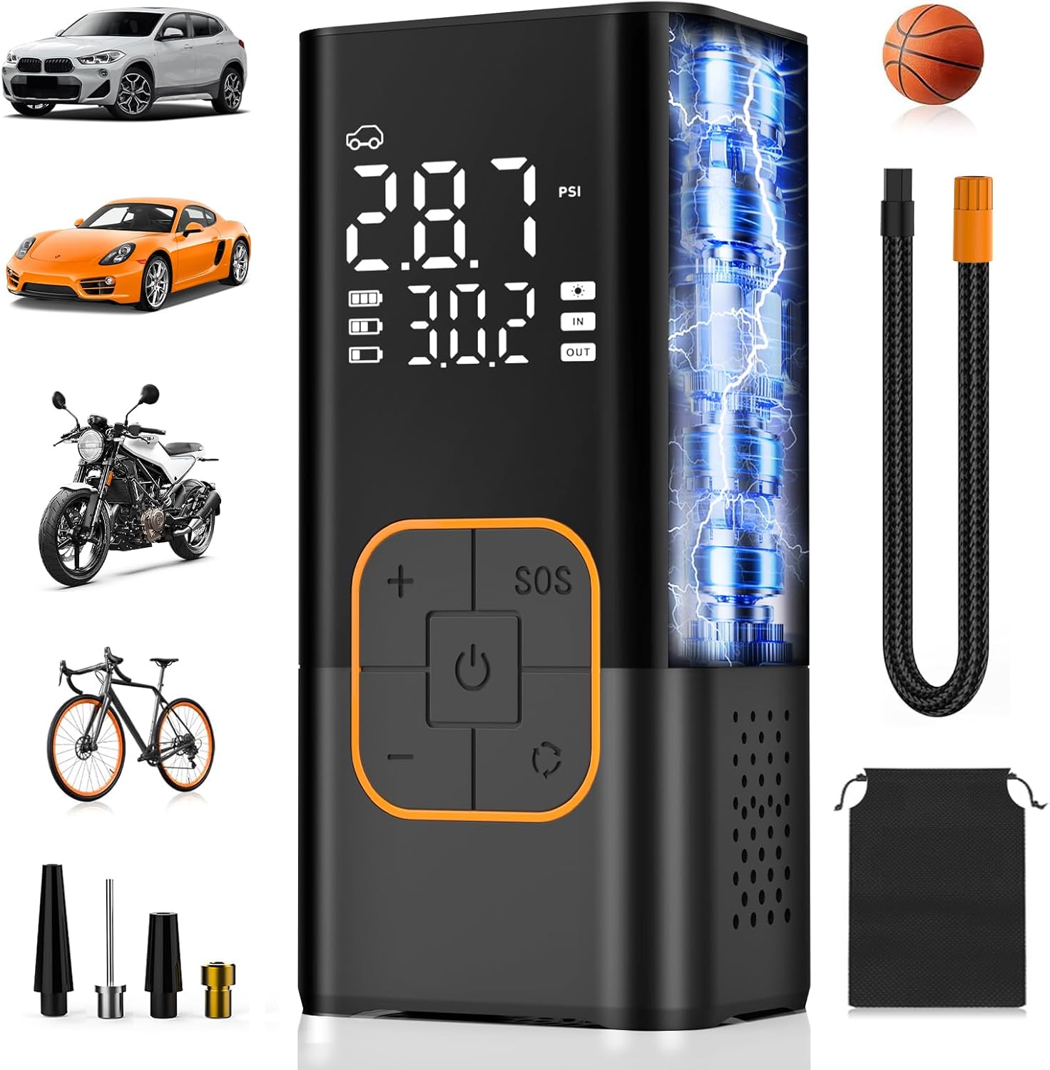 Tyre Inflator Air Compressor, Cordless Electric Car Tyre Pump & Bike Pump with Dual Values Display, Digital Pressure Gauge 150 PSI, LED Light, Portable Tyre Inflator for Car/Bicycle/Motocycle/Ball