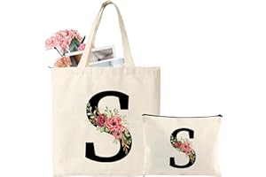 Tarklanda Initial Canvas Tote Bag, Personalized Present Bag with Floral Makeup Bag, Suitable for Wedding, Birthday, Beach, Holiday, Great Gift for Women, Mom, Teachers, Friends, Bridesmaids(S)