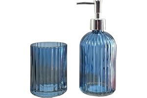 ALFIE FRANCIS 2 Piece Blue Ribbed Glass Bathroom Sink Accessories Set Liquid Soap Lotion Dispenser Tumbler/Toothbrush Holder Cup