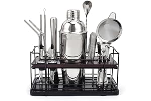 LEBARSTOR 20-teiliges Cocktail Shaker Set mit Stand, 750ml Shaker Edelstahl Cocktail Set für die Hausbar, Profi Cocktail Maschine Barkeeper Set mit Bar Zubehör & Rezeptbuch, Ideales Geschenkset (Silber)