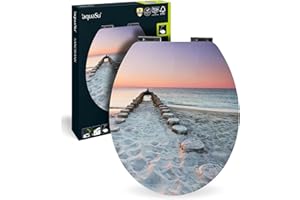 AQUASU SITZPLATZ Deska sedesowa wolnoopadająca, morska dekoracja, piaskownica z drewnianym rdzeniem i szybkim mocowaniem, uniwersalny kształt O, metalowe zawiasy, deska sedesowa morska, błyszcząca, 40668 0