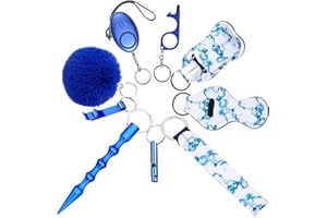 RosyFate Zestaw breloczków do kluczy dla kobiet, 8 w 1, do samoobrony, akcesoria do breloczków do kluczy, alarm bezpieczeństwa, młotek bezpieczeństwa z przecinakiem do pasów (niebieski)