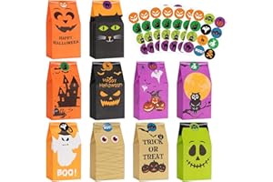 HOTSAN Halloween Treats Bags Party Favors 80 Pcs Kids Halloween Candy Bags for Trick or Treating + 84 Pcs Halloween Stickers, Mini Paper Gift Bags for Treats Snacks, Halloween Goodie Bags Party Supplies