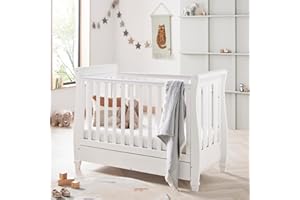 Babymore Eva Sleigh Cot Bed White - Drop Side Bed With Mattress Included, Baby Cot Bed With Teething Rail & Drawer, Convertible to Toddler Bed & Day Bed,| 3 Adjustable Bed Base Positions (White)