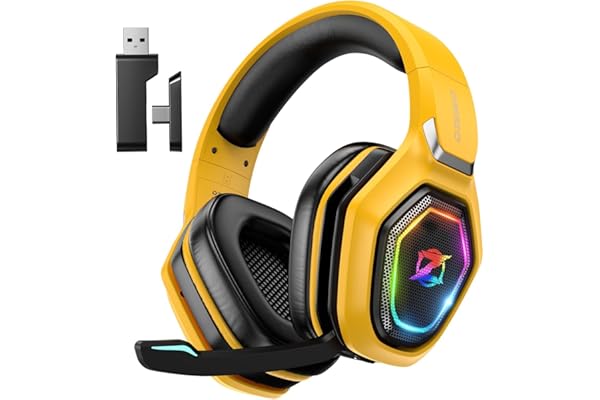 Ozeino Cascos Gaming Inalámbricos para PC/Ps5/Ps4, Auriculares Gaming Inalámbricos de 2,4GHz Wireless+Bluetooth (Amarillo)