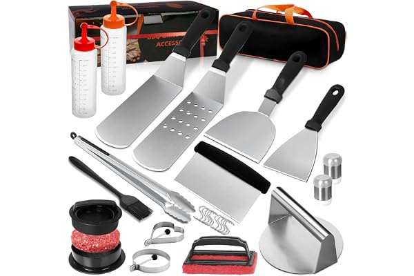 27 st rostfritt stål tillbehörsset för Plancha, present till män, pappa, professionell grillspatel för barbecue/grill, Teppanyaki och camping