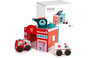 boppi Set da gioco in legno per centri di salvataggio di emergenza, giocattoli con ambulanza e camion dei pompieri ed elicotteri | Gioca veicoli accessori per bambini dai 3 anni in su
