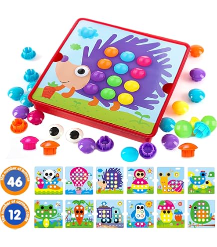 VOSSOT Jeu De Mosaïque Enfants : 46 Perles Et 12 Cartes, Motricité Fine, Apprentissage Couleurs, Pour 1-5 Ans, Sécurité Assurée