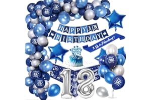 YYDSXK 18 Anni Palloncini Compleanno Ragazzo, Royal Blu Argento Compleanno Festa Decorazioni con Happy Birthday Banner Cake Topper Tovaglia Birthday Sash 18 Compleanno Decorazioni Festa