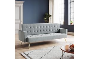 ZANOFIRA 3 Seater Click Clack Sofa, Grey Luxury Velvet Mid Century Modern Couches w/Square Armrest Comfy Sleeper Sofas for Living Room, Guest Room, Apartment, Home Office