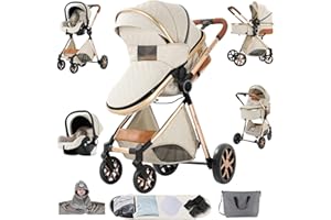 Sianldcone Carrito Bebe 3 en 1, Tejidos de Primera Calidad Carro Bebe 3 Piezas, Empuje Bidireccional Carros Para Bebes, Visión Abierta Silla Paseo Reversible (V9 Creamy White)