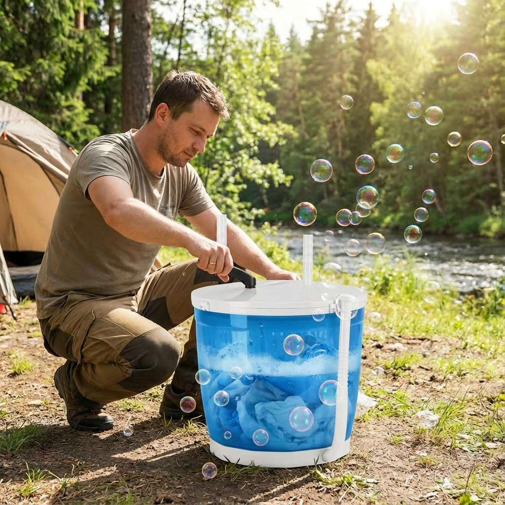2-in-1 Manual Washing Machine, Hand Crank Washer with Spin Dryer & Suction Cup Base, Portable Mini Washer for Camping Dorm Travel, No Electricity Laundry Machine 2kg Capacity (Sky Blue)