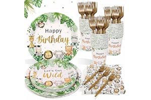 Heboland Stoviglie per Feste Animali Giungla per 25 Ospiti, Decorazioni Stoviglie Animali della Giungla 125pcs Stoviglie per Feste di Compleanno per Bambini, Piatti e Bicchieri per Feste di Compleanno