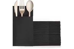 KMAKII White Paper Dinner Napkins with Built-in Flatware Pocket Disposable Paper Hand Napkins for Parties (Black 50)
