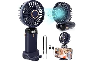 DMTIVMG 5 in 1 Handventilator 3000mAh Tragbarer Mini-Ventilator 5 Geschwindigkeiten einstellbar 90° faltbar USB-C wiederaufladbar mit LED-Anzeige Lanyard und Basis für Reisen, Büro, Zuhause, Draußen