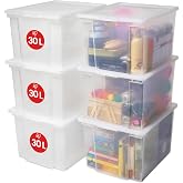 Iris Ohyama, 30L Plastic Storage Boxes with Lids, Pack of 6 Large Stackable Bins, BPA-Free, Laundry Room, Office, USB-M, Tran