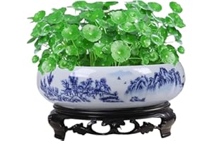 Muzrunq Lotus Planter with Base, Blue and White Ceramic Lotus Bowl Planter, Decorative Round Flowerpot Hydroponic Container for Garden, Balcony, Office