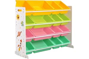 SONGMICS Meuble de Rangement Enfant, Organisateur Jouets 4 Niveaux, Étagère avec 16 Bacs en Plastique, pour Chambre d'enfant, Salle de Jeux, Salon, Jaune, Vert Citron, Rose, Vert Menthe GKR070W01