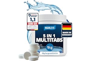 AGUALEVE® 5 in 1 Chlor Multitabs 20g langsamlöslich 1kg *NEU* | für Pools jeder Art ab 2500 Liter Wasser | Desinfektion, Algenschutz, Flockung, pH-Stabilisierung & Klareffekt | Made in Germany
