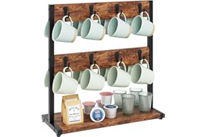 IBUYKE Tazas Soportes Portavasos de Vintage con 16 Ganchos y Estante de Almacenamiento Estante Organizador de Exhibición de Tazas de Café, Marrón Rústico TBJ001H