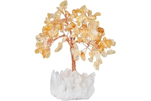 mookaitedecor Natural Citrine Crystal Money Tree, Gemstone Feng Shui Ornaments Bonsai Tree of Life Figurines for Wealth Luck Abundance, White Rock Quartz Crystal Stone Cluster Base