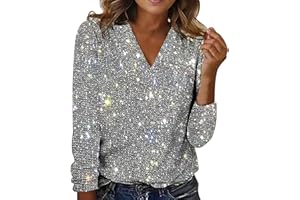 Buetory Womens Sequin Tops V Neck Dressy Sparkly Evening Party Night Club Cocktail Blouse Metallic Shimmer Glitter Sequence T-Shirts
