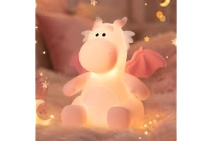 Gemmac Squishy Draklampa Rosa, LED Silikon Nattlampa för Barn | Touch Control, 3 Nivåer Varmt Ljus, Timer 30 Min, Laddningsba