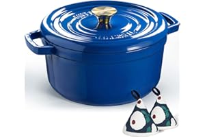 Overmont Garnek emaliowany żeliwny - Dutch Oven 26 cm nadaje się do piekarnika z pokrywką i książką kucharską - do smażenia kuchni, pieczenia, duszenia, królewski błękit