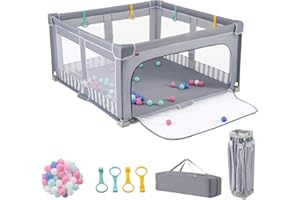 LIFEZEAL Parc Bébé Pliable avec 4 Anneaux, 50 Boules, Porte à Fermeture éclair, Sac de Rangement, Aire de Jeu Bebe en Tissu Oxford, Centre d'activité Enfant 0-3 ans (Gris, 150 x 150 x 76,5 cm)
