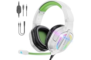 Krysenix PG2 Gaming Headset for PS4, PS5, PC, Xbox One, Switch, Wired Gaming Headphones with Noise Cancelling Microphone, Ergonomic Design Over Ear Computer Headset with 3.5mm Jack & LED-Grass Green