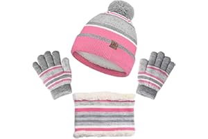 IHCEMIH Winter Beanie Hat Scarf Gloves Set 3 in 1 Girls Boys Knitted Cap Neck Warmer Magic Mitten Fleece Lining Thermal 3pcs Winter Accessories Sets Sports Outdoor Gifts for Children Kids