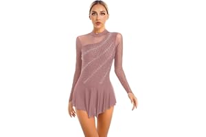 Freebily Abito da Pattinaggio Artistico Donna Paillettes Leotards Vestito Danza Classica Manica Lunga Body da Balletto Ballerina Costumi di Danza Samba Rumba Jazz Dancewear