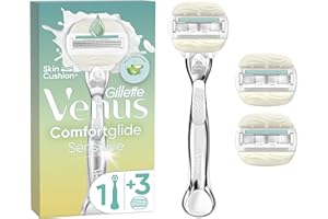 Gillette Venus Pro ComfortGlide Sensitive golarka damska z nutą aloesu, 3 zapasowe ostrza, trwała metalowa rączka i uchwyt prysznicowy