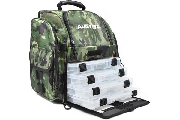 AUMTISC Sac à Dos de pêche avec 4 Plateaux de Rangement Grand Sac de Rangement avec Housse de Protection Contre la Pluie