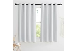 KGORGE Zasłona zaciemniająca, krótka, na przelotkach, zestaw 2 sztuk, 145 x 140 cm (wys. x szer.), biała, termiczna, odporna na wysokie temperatury, nieprzejrzysta, do salonu, na okno, szaro-biała