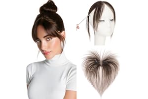 Elailite Clip in Bangs Human Hair Fringe Side Bangs Split Curtain Bangs Real Hair Lace Base 360°Cover Top HairPieces 8 Inch - #02 Dark Brown