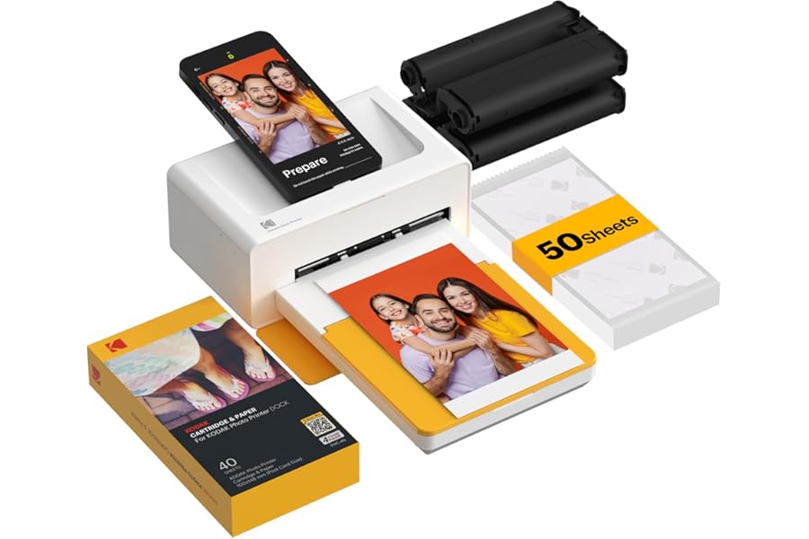 KODAK Dock Plus 4x6'' Photo Printer, 50 Sheets, Docking & Bluetooth Mobile Printer for iOS & Android, Instant Color Prints, 4PASS Dye Sublimation